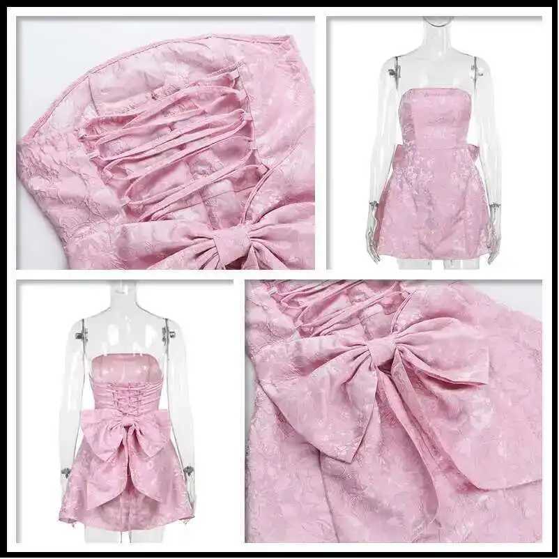 2024 Spring Summer Women Mini Jacquard Waist Wrap A-line Dress Ele Bow Backless Sexy Party Dresses XJ250722