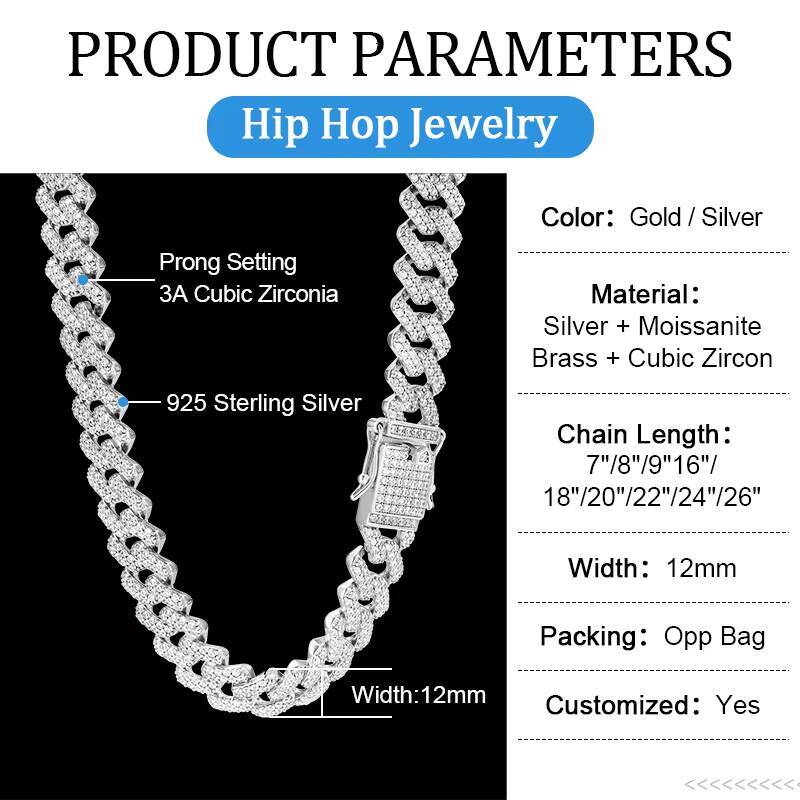 Custom Hip Hop Ice Out Mossanite Necklace 925 Sterling Silver VVS Moissanite Cuban Link Cuban Chain