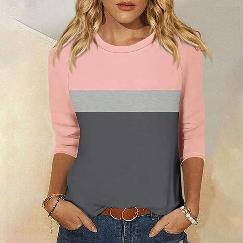 Women's Solid Color Block Ins Casual Fashion Three-Quarter Sleeve T-Shirt Round Neck Top B5