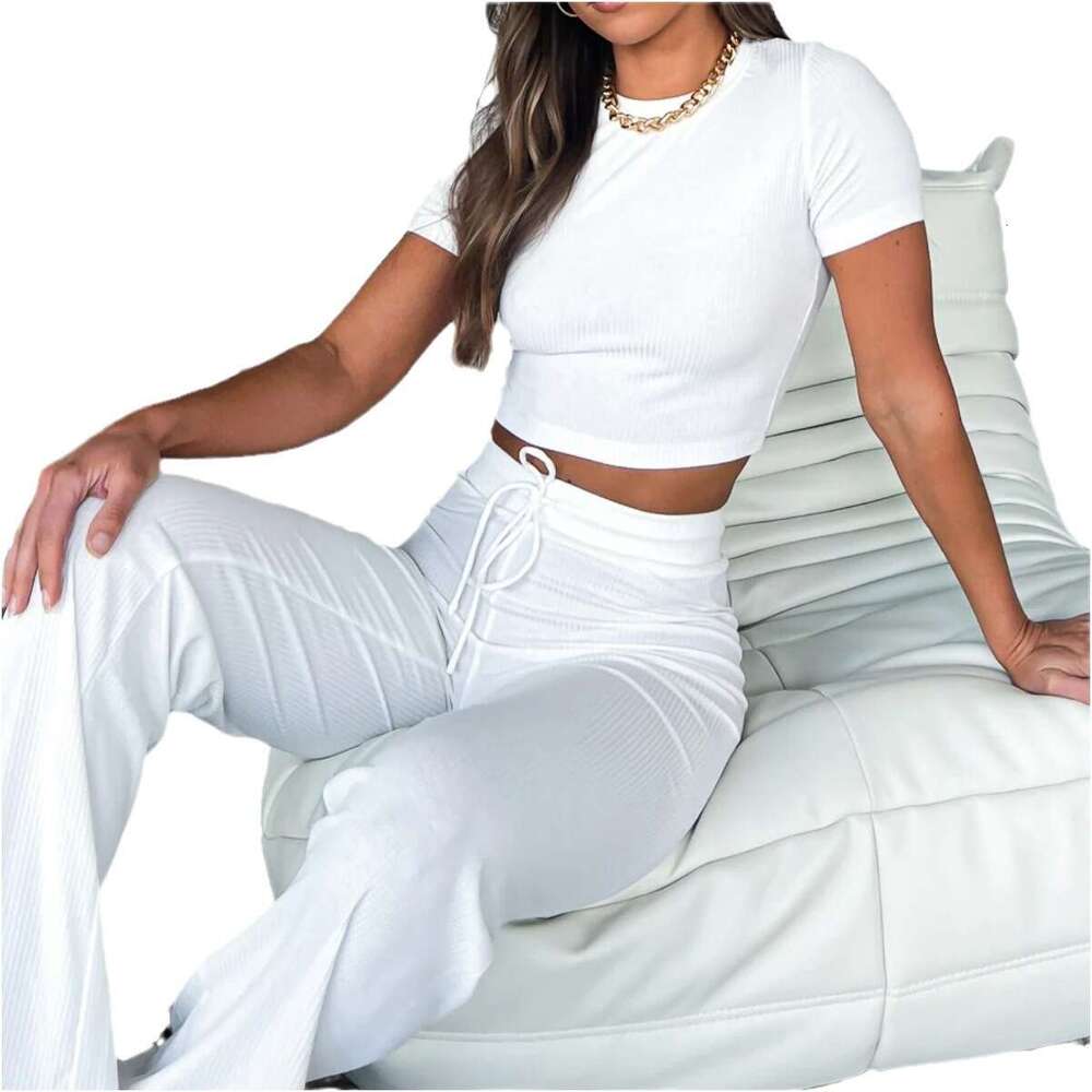 Summer Women's Ribbed Short Sleeve Crop Top And Long Pants Knitted Casual Set B5