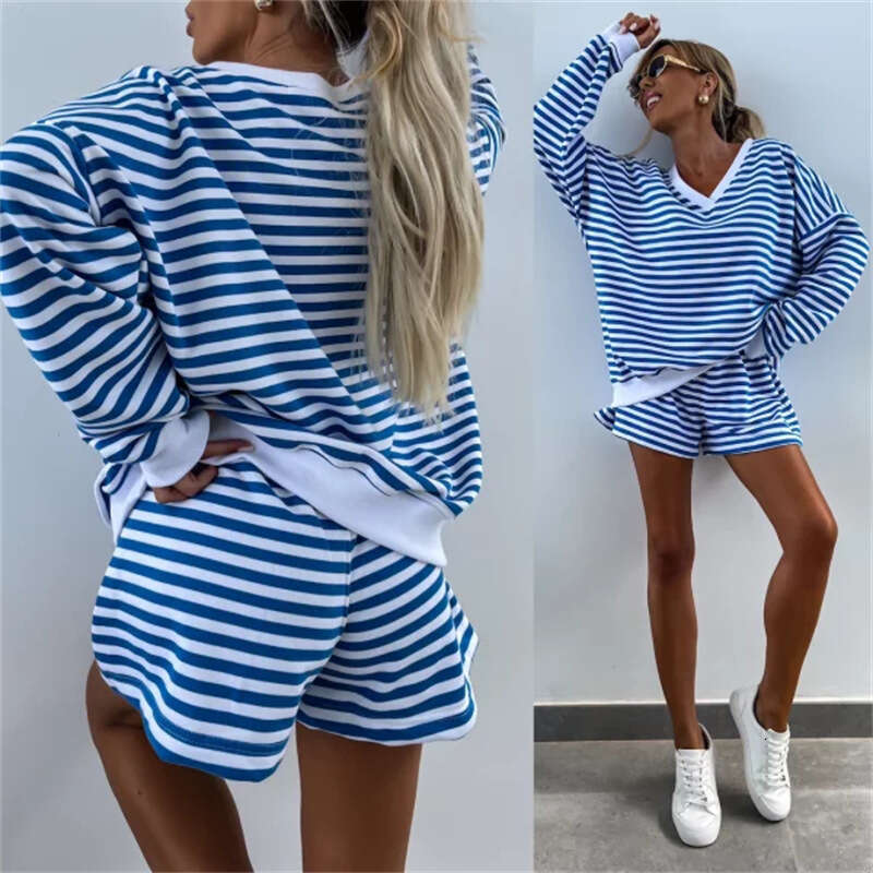 Summer New Women's Casual Striped Long Sleeve V-Neck Loose Top Sports Shorts 2-Piece Set For Women B5