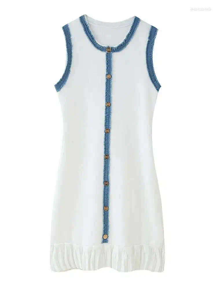 Casual Dresses Women Elegant Pleated Patchwork Knitted Mini Dress Lady Round Neck Sleeveless Single Breasted Fashion Vestido