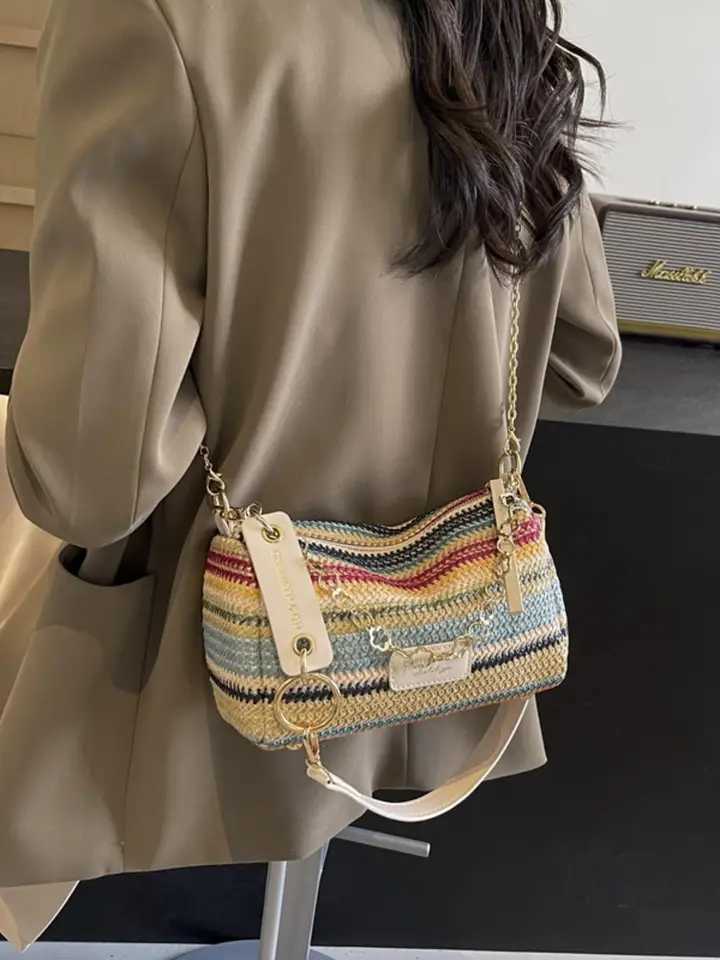 new spring and summer contrast striped woven shoulder bag with letter decoration crossbody bag Y250722