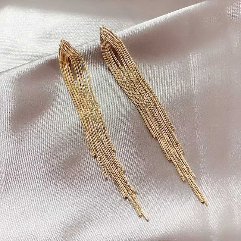 Vintage Long Gold Color Earrings Shiny Thread Tassel Drop Earrings For Women Luxury Hanging Korean Elegant Wedding Party Jewelry XJ250722