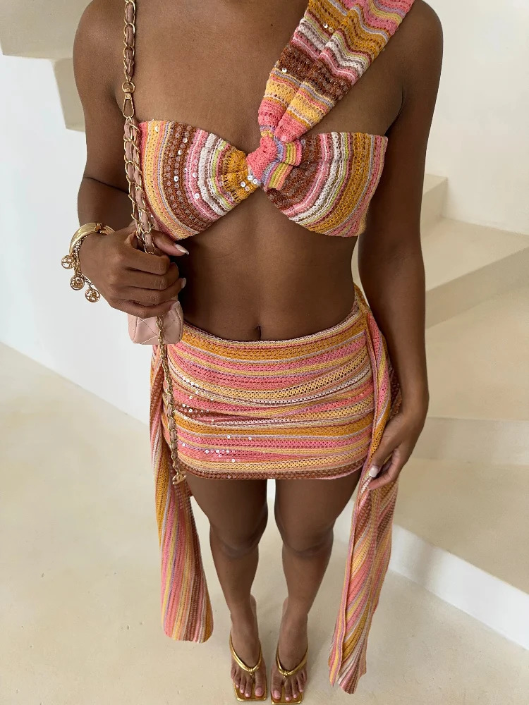 Knit Sequin Sexy One Shoulder Skirt Women Set colorful Crop Top Draped Mini Skirts Slim Bodycon 2 Pieces Sets Lady beachwear 250714