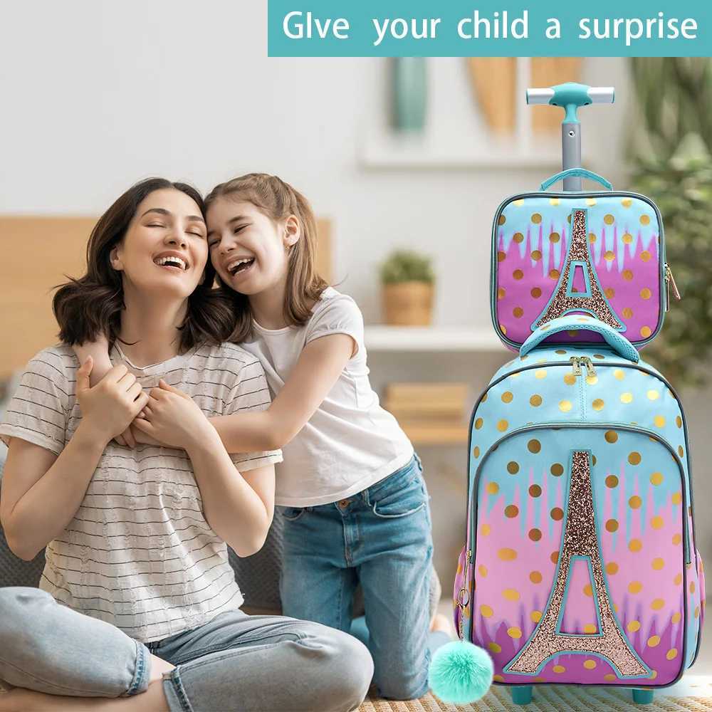 3PCS Rolling Backpack for Girls Kids Wheeled School BookBag With Lunch And Pen Bag Ir tower Glow-in-the-dark Functi Y250722