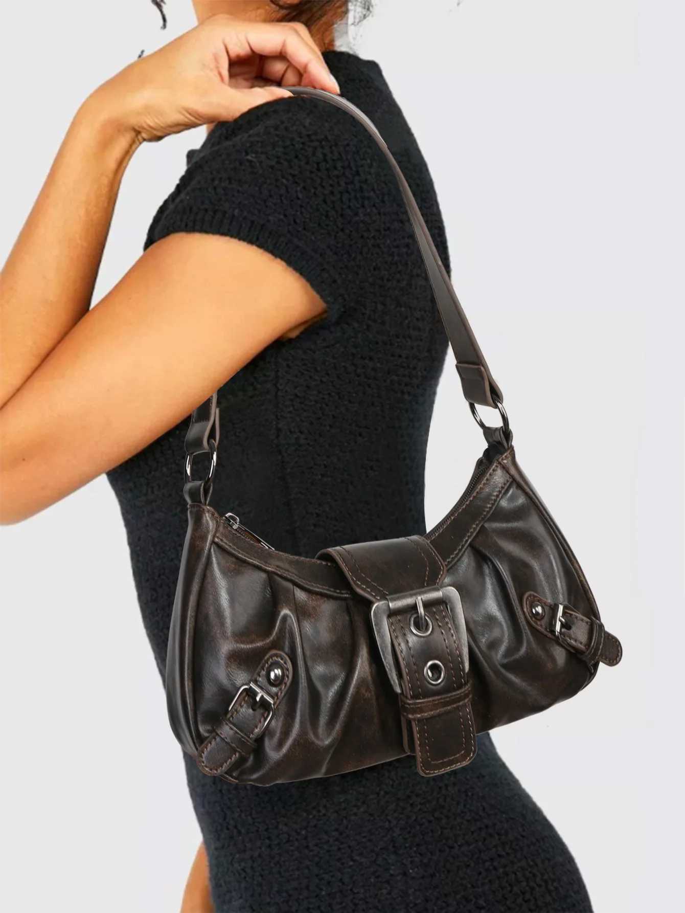 New Fashion Maillard Style Shoulder Bag Vintage Leather Spicy Y2k Armpit Bag Belt Trendy Saddle Bag Handbag Z250812