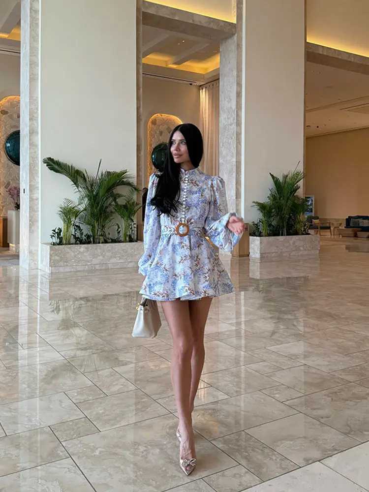 Ele Womens Printed Dress Long Sleeve O-Neck Button Lady Dresses With Belt 2025 Summer Fashion Fe Vestidos Party XJ250722
