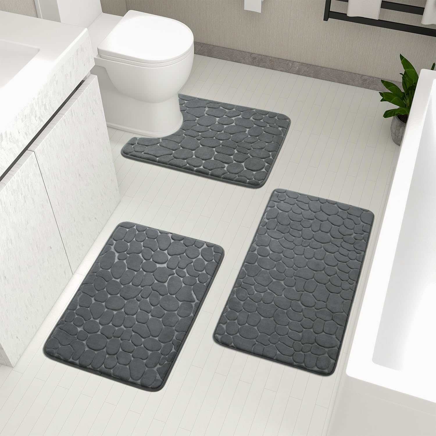 Bathroom Rugs Sets 3 Piece Cobblestone Style 40D Quickly Drying Non Slip Water Absorbent Washable Light Grey Bath Rugs for Tub Toilet and Floor(41*61+