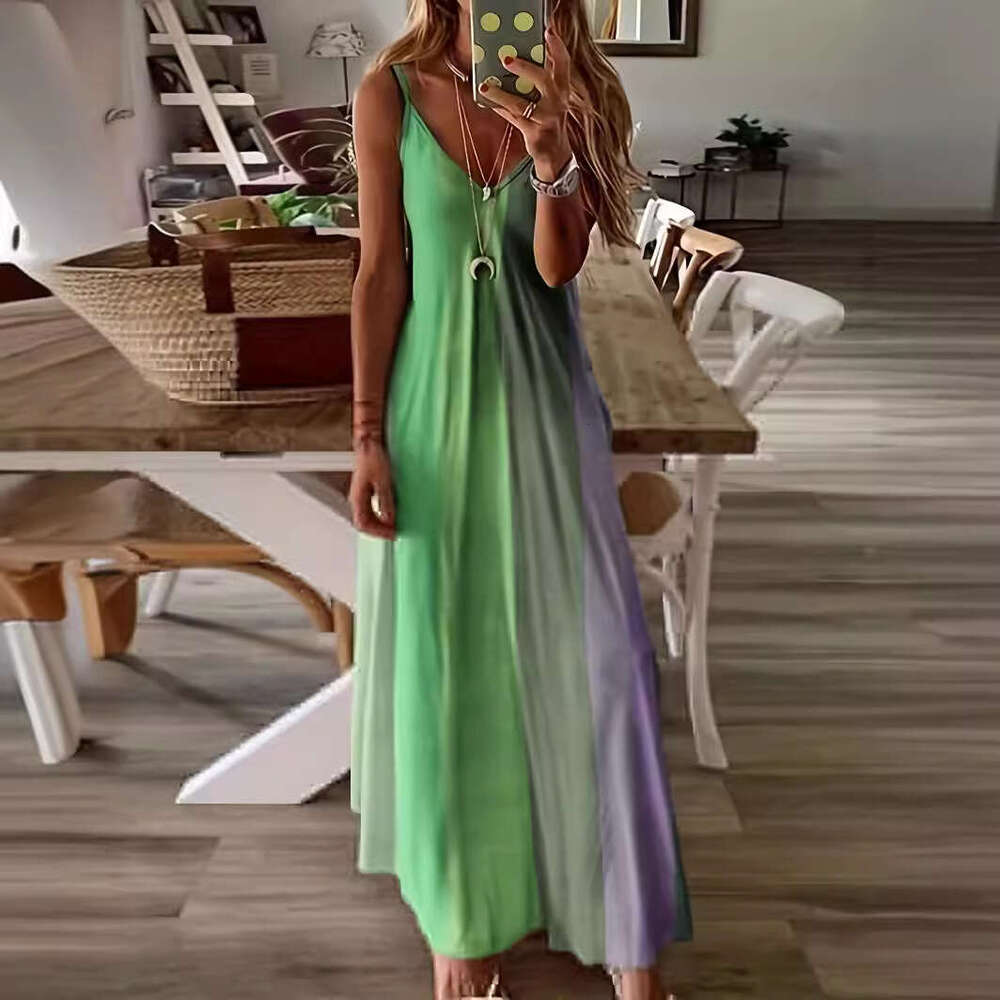 Summer Women's Long Slim Fit Colorful Gradient New Printed Strap Dress B5
