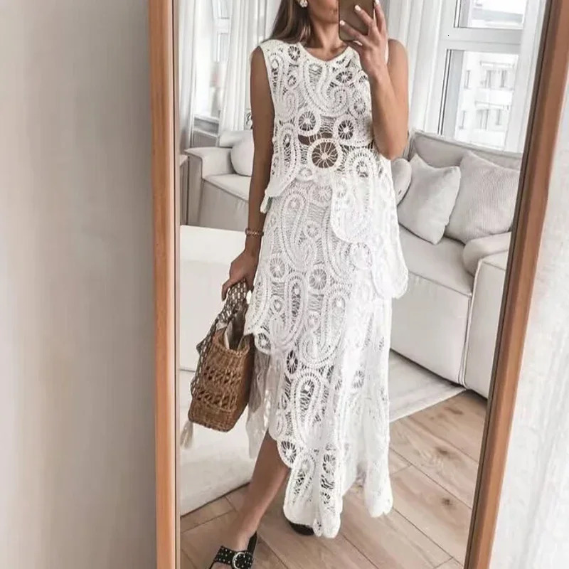 Women O-neck Sleeveless TopLong Skirt Beach Suit Casual Solid Street Summer Outfit Holiday Hollow Knitted Irregular 2 Piece Set 250714