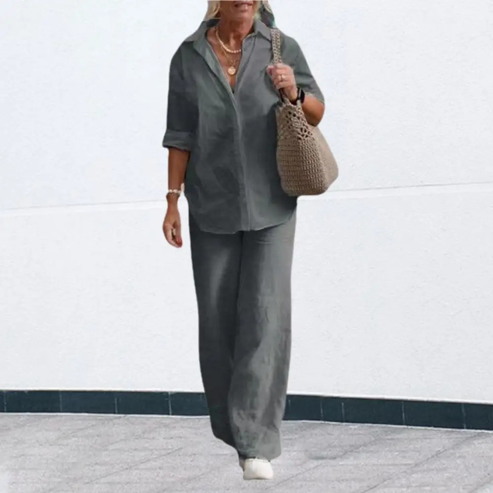 Two-piece Set Women Summer Suit Plus Size Cotton Linen Single-breasted Shirt Trousers Casual Top Wide Leg Pants Loose Outfits 250714