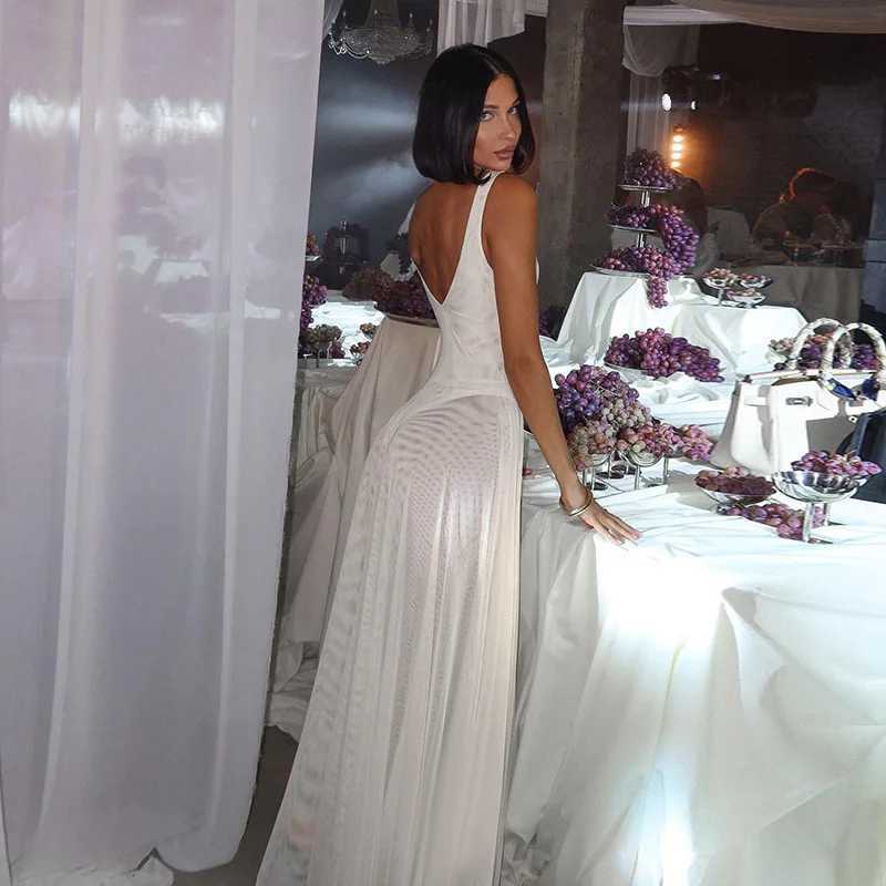 NIDANSSI White Mesh Pleated Evening Club Party Dress Women Backless Sexy Bodycon Long Summer Dress Vestidos XJ250722