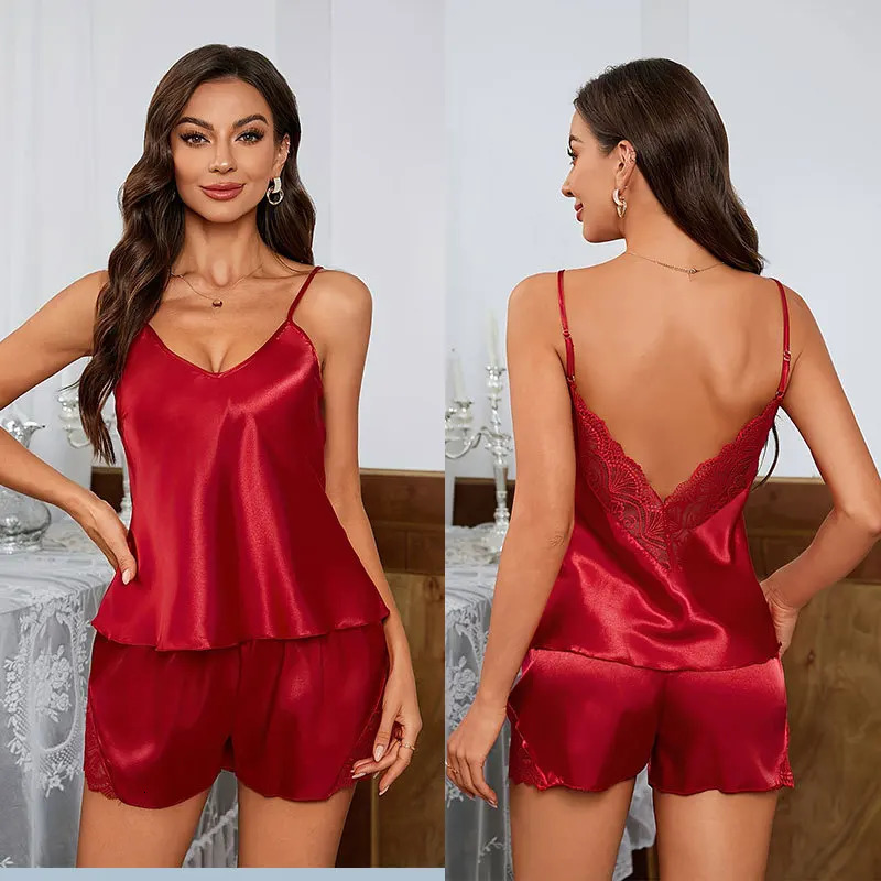 Sexy Backless Deep V Lace Summer Sleepwear Set Soft Satin Pajamas for Women Comfortable Short Sleeve Cami Shorts 250717