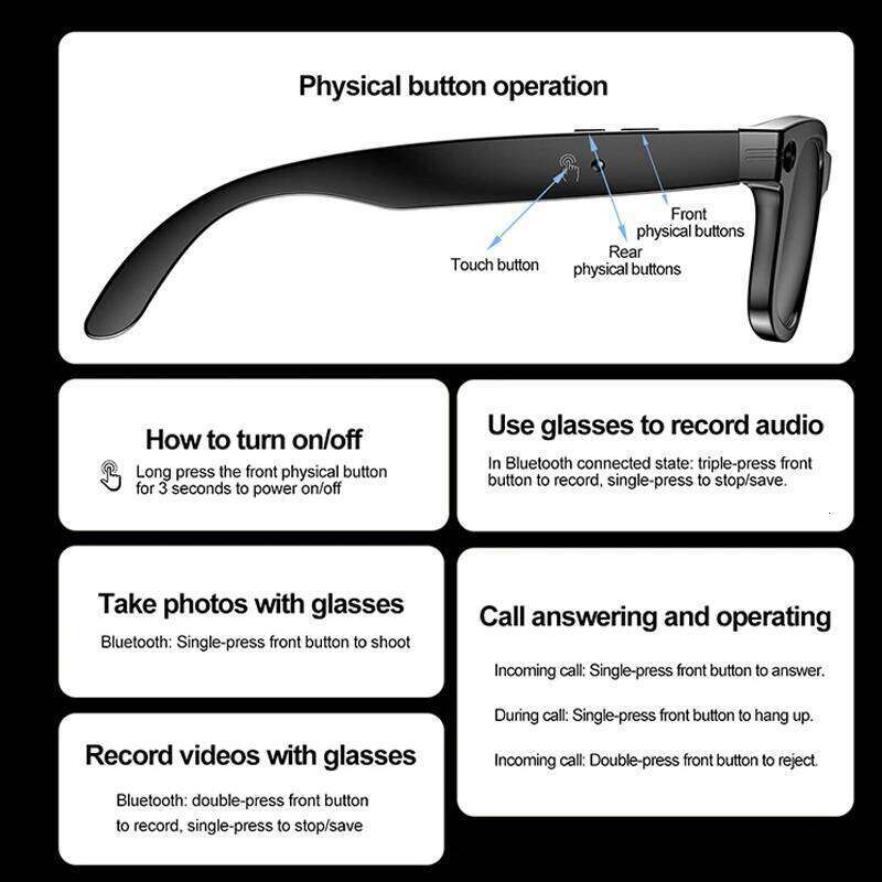 Al Smart Camera Glasses Video Recorder Wireless Bluetooth Call Music Square Sunglasses Men Women Anti Blue Light Eyeglasses