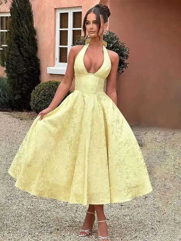 2024 Spring Summer Women Mini Jacquard Waist Wrap A-line Dress Ele Bow Backless Sexy Party Dresses XJ250722