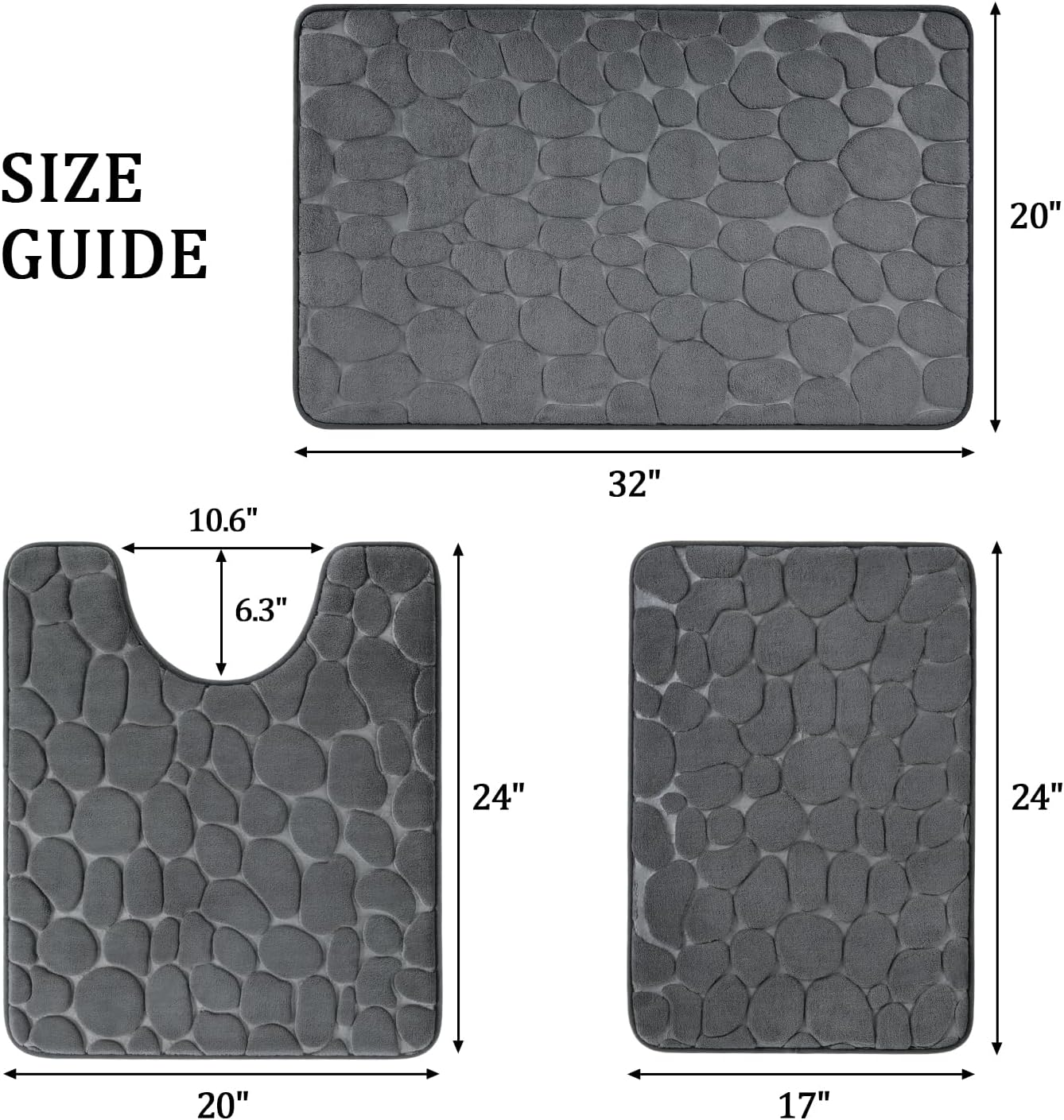 Bathroom Rugs Sets 3 Piece Cobblestone Style 40D Quickly Drying Non Slip Water Absorbent Washable Light Grey Bath Rugs for Tub Toilet and Floor(41*61+