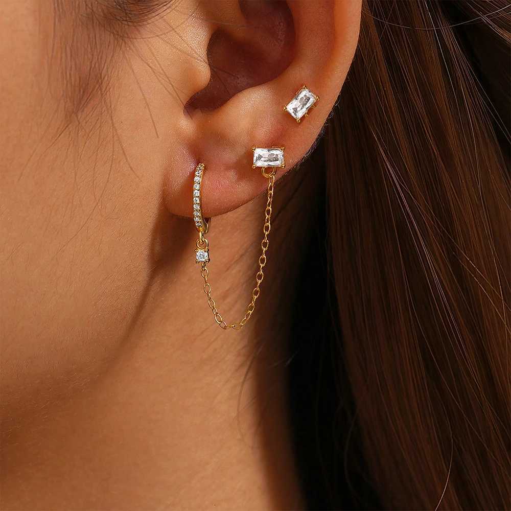 New Arrival Link Chains Hoop Earrings for Women Stainless Steel Cubic Zirconia Tassel Square Earring Ear Buckle Piercing Jewelry XJ250722