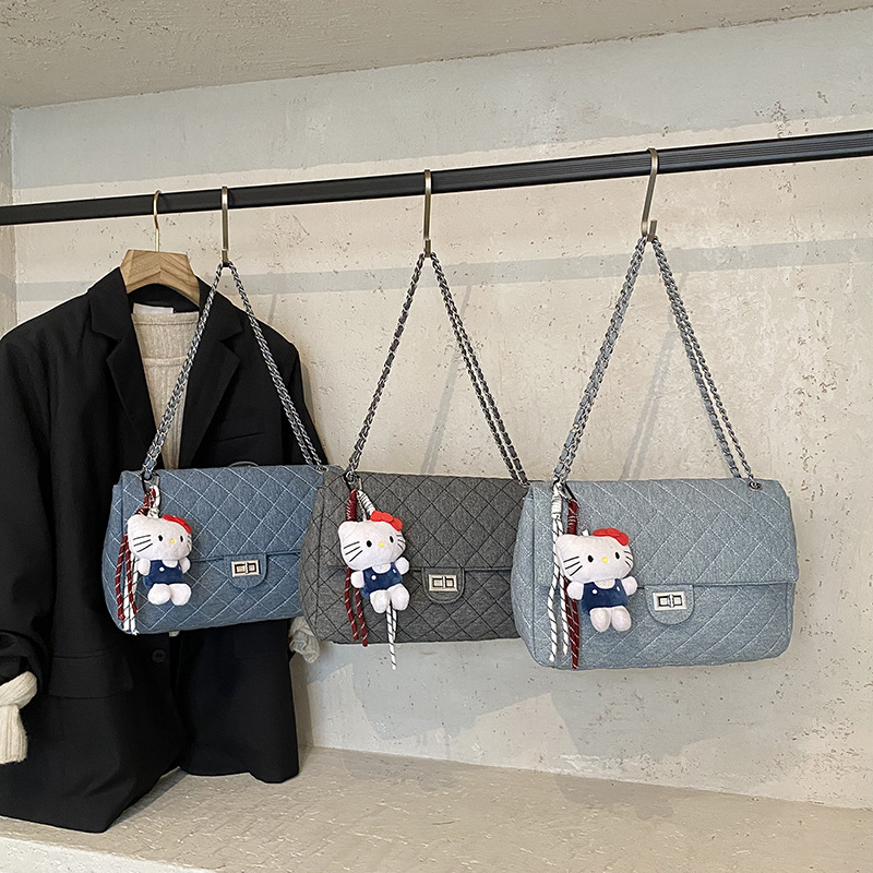 Dia Pattern Denim Shoulder Bag, Fashionable Chain Cross Body Handbag, Large Capacity dh1899503