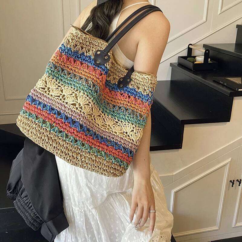 2025 New Fashion Summer Beach Vintage Woven Straw Handbag Rainbow Color Female Shoulder Vacation Tote Bag