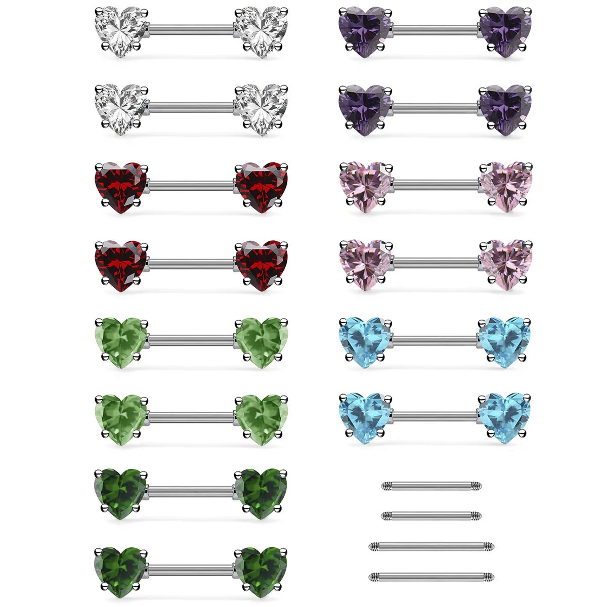 6 pcs colored heart-shaped cubic zirconia decorative nipple piercing ring jewelry stainless steel wearing rod for womens 250722