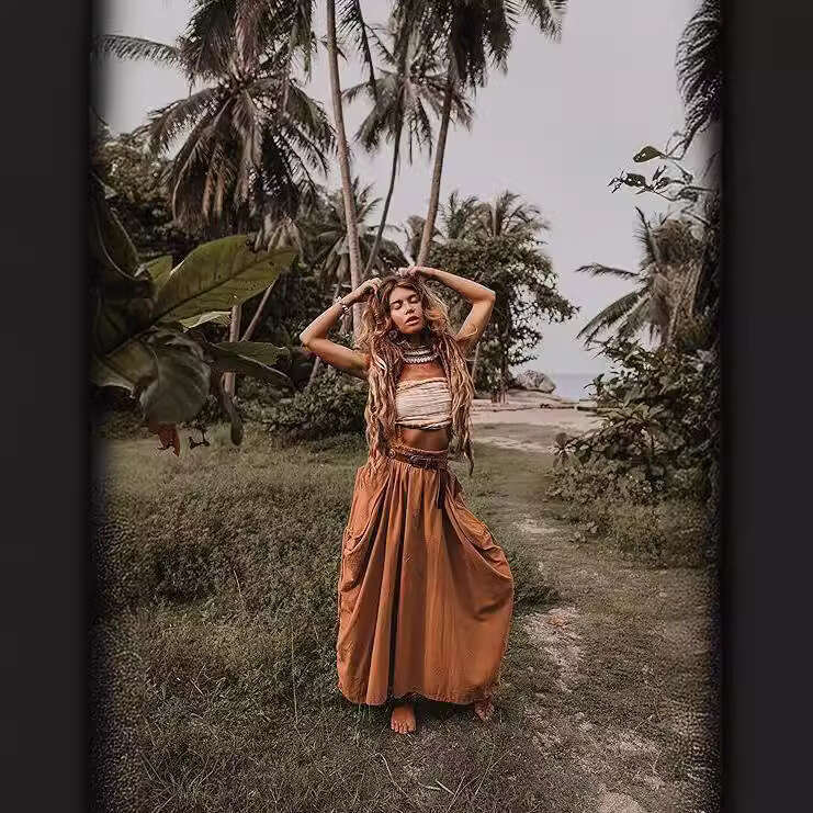 Women's Casual Midi New Drawstring Large Pocket Bohemian Loose Organic Cotton Long Skirt B5