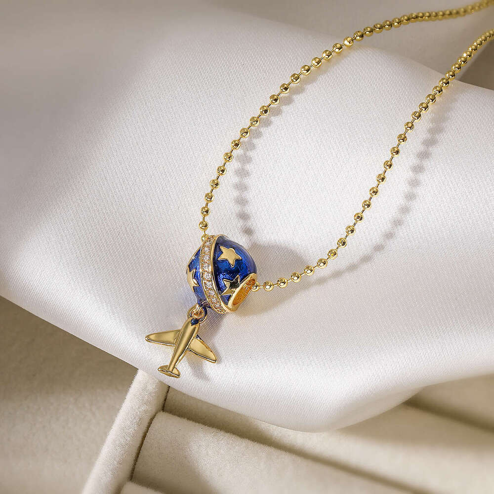 Luxury jewelry designer For women Australian antique copper plated 18K gold drip oil airplane travel pendant necklace niche versatile collarbone chain - view 5