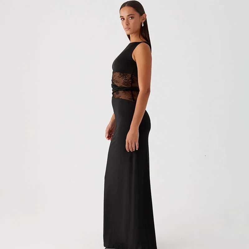 Apprabant Women Lace Splicing Solid Color Dress Round Neck Sleeveless Semi Transparent Hollow Out Twisted Waistband Dress XJ250722