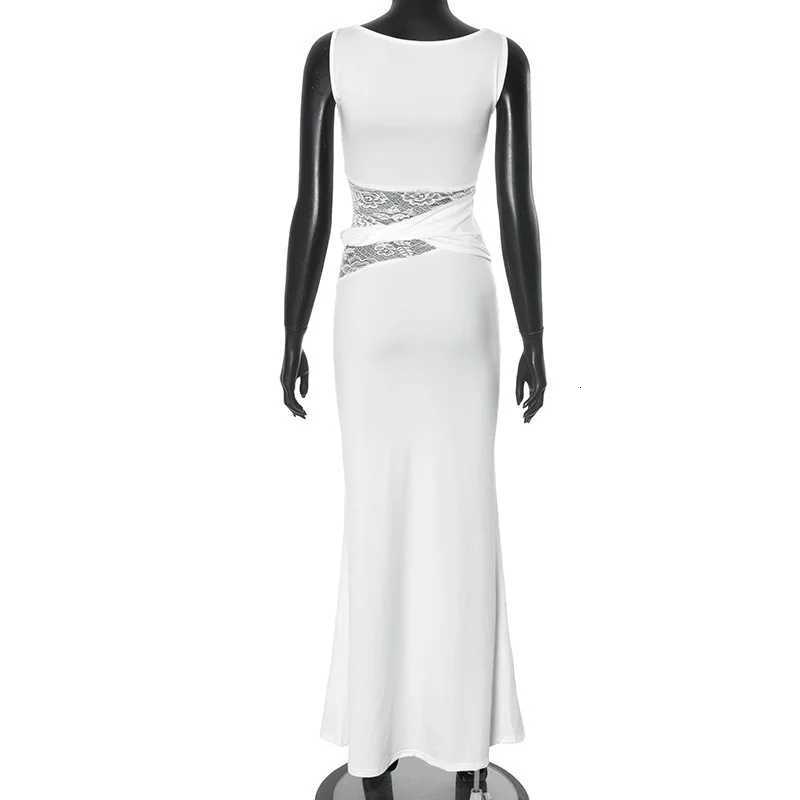 Apprabant Women Lace Splicing Solid Color Dress Round Neck Sleeveless Semi Transparent Hollow Out Twisted Waistband Dress XJ250722