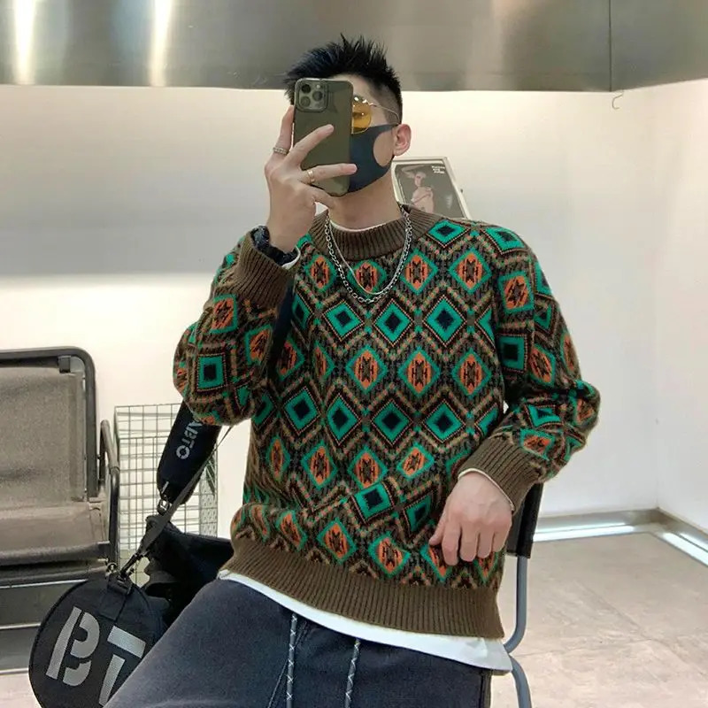 Autumn Winter Fashion Round Neck Long Sleeve Patchwork Printing Pullovers Mens Clothing Casual Loose Knitting Trend Tops 250717