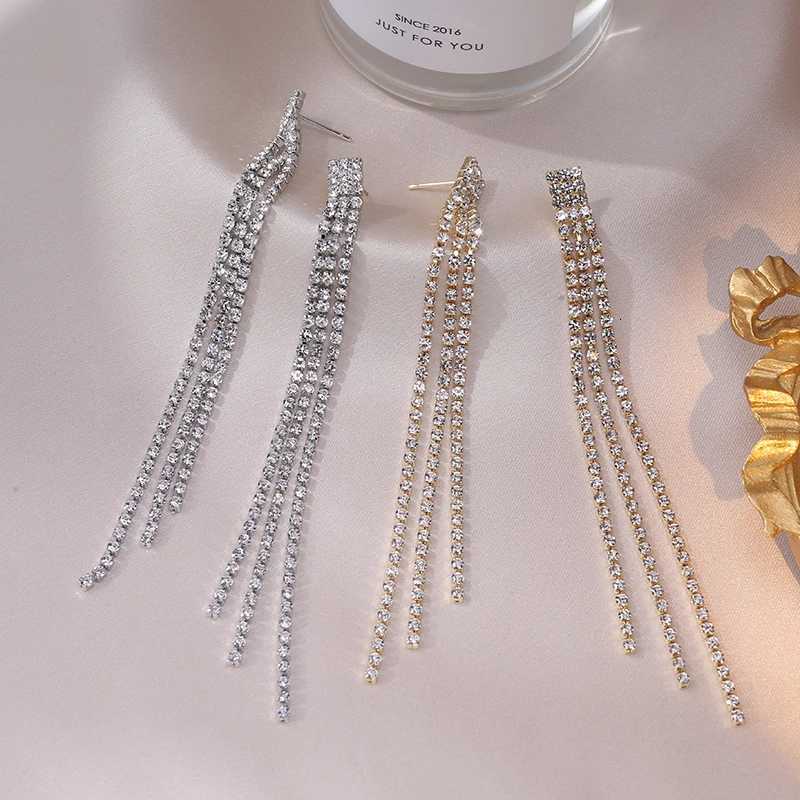 Simple Trend Long Shiny Full Crystal Rhinestone Tassel Earrings For Women Drop Dangle Bridal Wedding Earrings Stud Jewelry Gift XJ250722