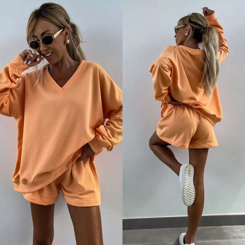 Summer New Women's Casual Striped Long Sleeve V-Neck Loose Top Sports Shorts 2-Piece Set For Women B5