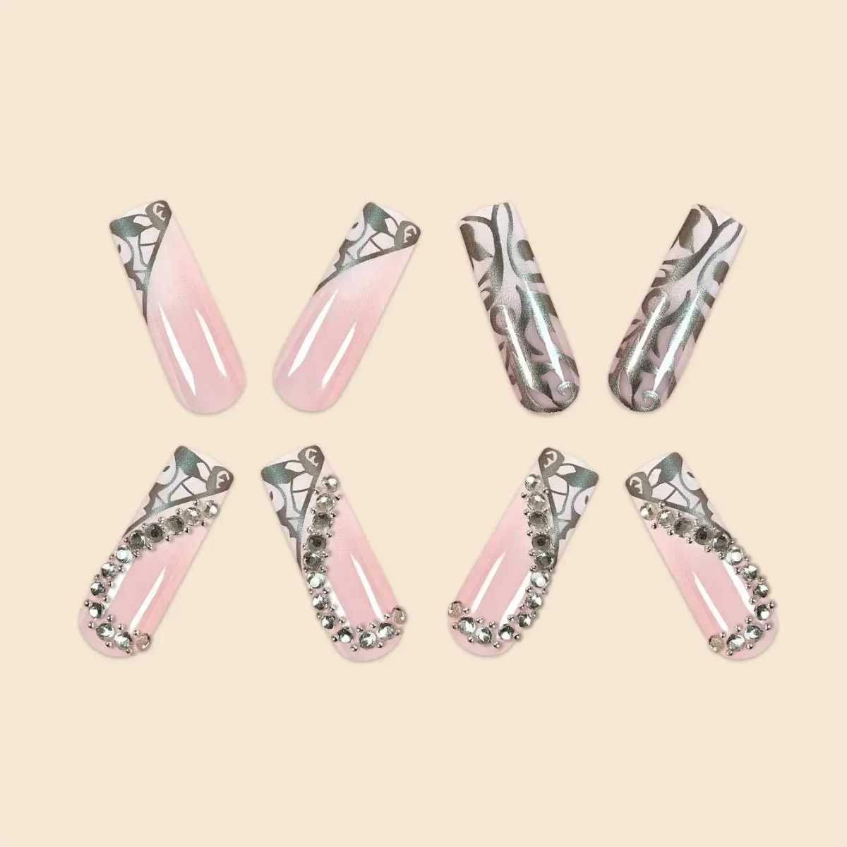 Luxury Fashion Ladies Super Long Square French Silver Vine Patchwork Diamond Heart Decoration Full Coverage Wearable Fake Nail W250722
