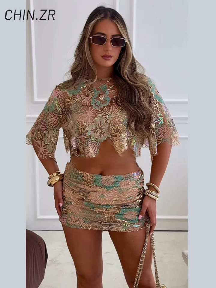 Sexy Embroidery Sequined Mini Skirt Sets 2 Pieces Women O-neck Short Sleeve Crop Tops See Through Skirts Summer Party Suit 250714