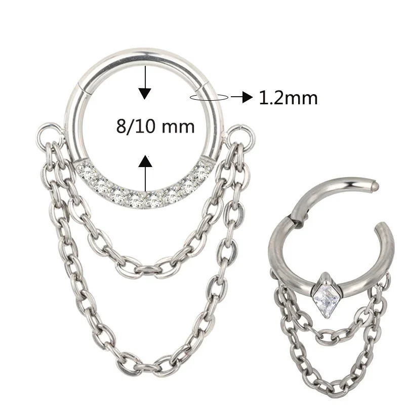 ASTM 36 Chain Dangle EAR PIERC Hinged Segment Hoop CZ Nipple Nose Ring Clicker Labret Earring Piercing Body Jewelry 250722