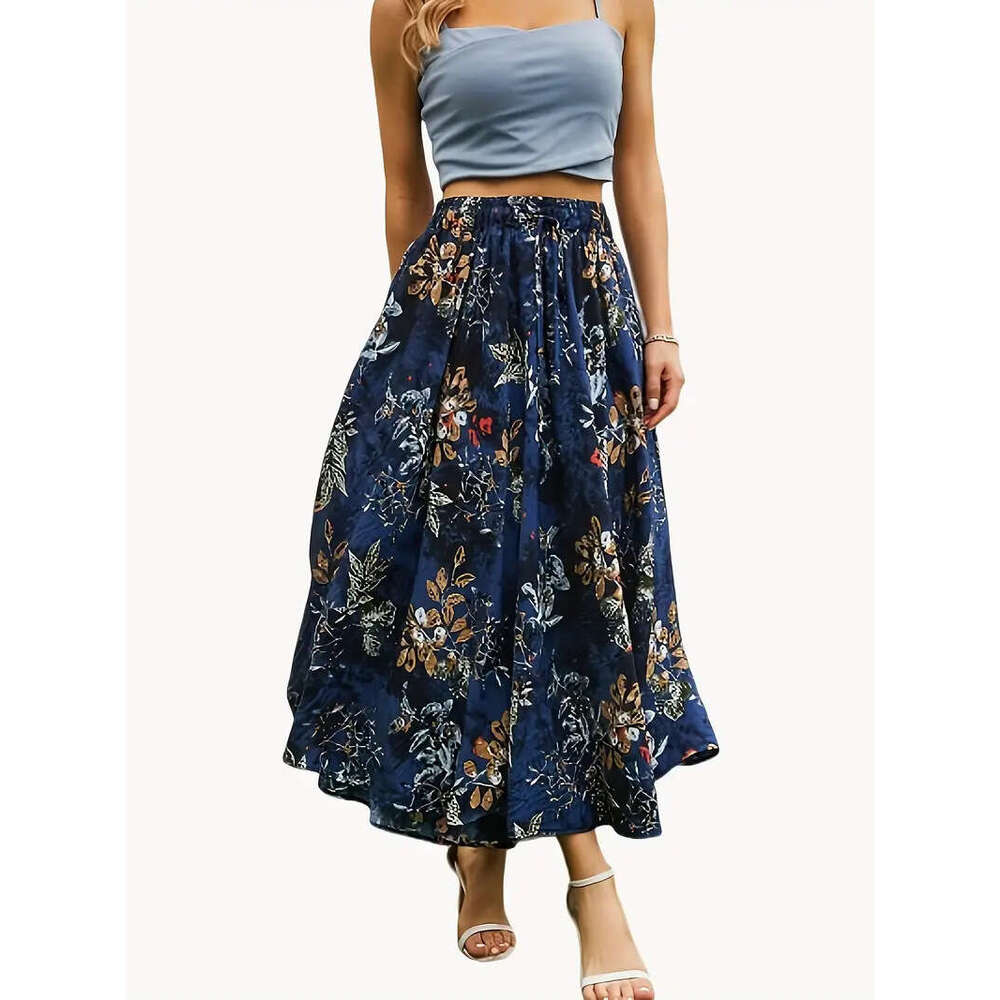 New Style Swing Elastic Waist Tie Print Double Pocket Midi Skirt For Women B5