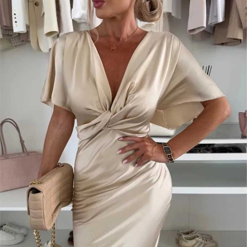2025 Fashion Sexy Satin Dress Womens Batwing Short Sleeve Wrap V-neck Twist Bodycon Midi Long Dresses Party High Street Dresses XJ250722