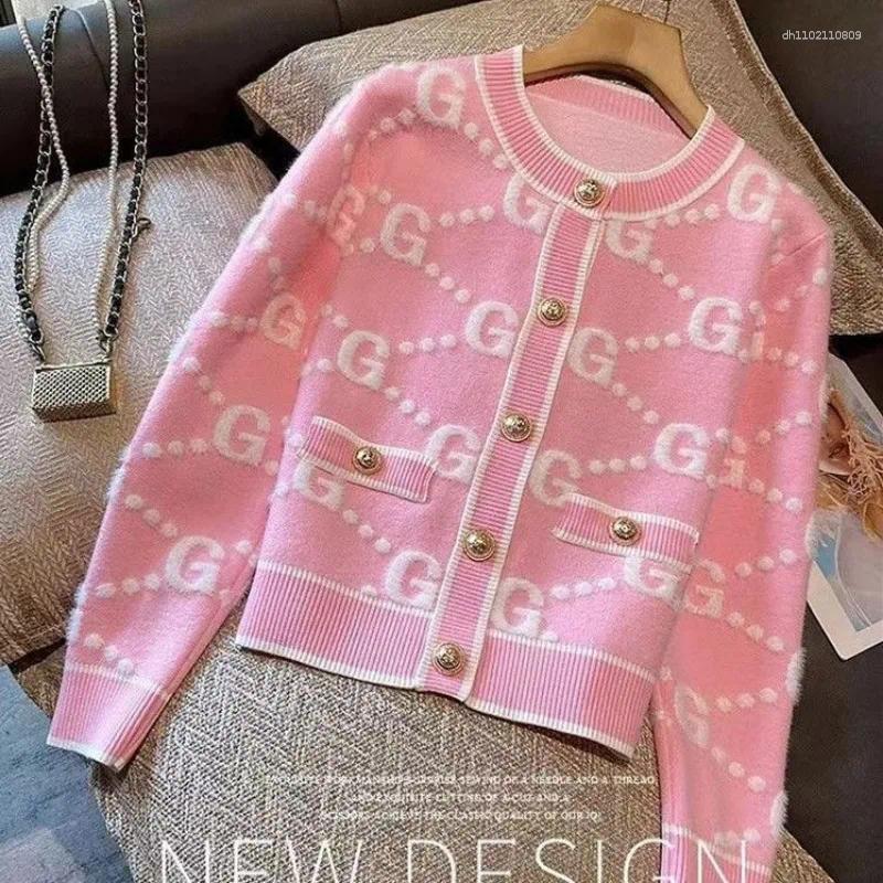 Women's Knits Luxury Pink Knitted Cardigan Women Sweater Autumn Winter Coat Letter Long Sleeve Short Tops Design Trend Clothing