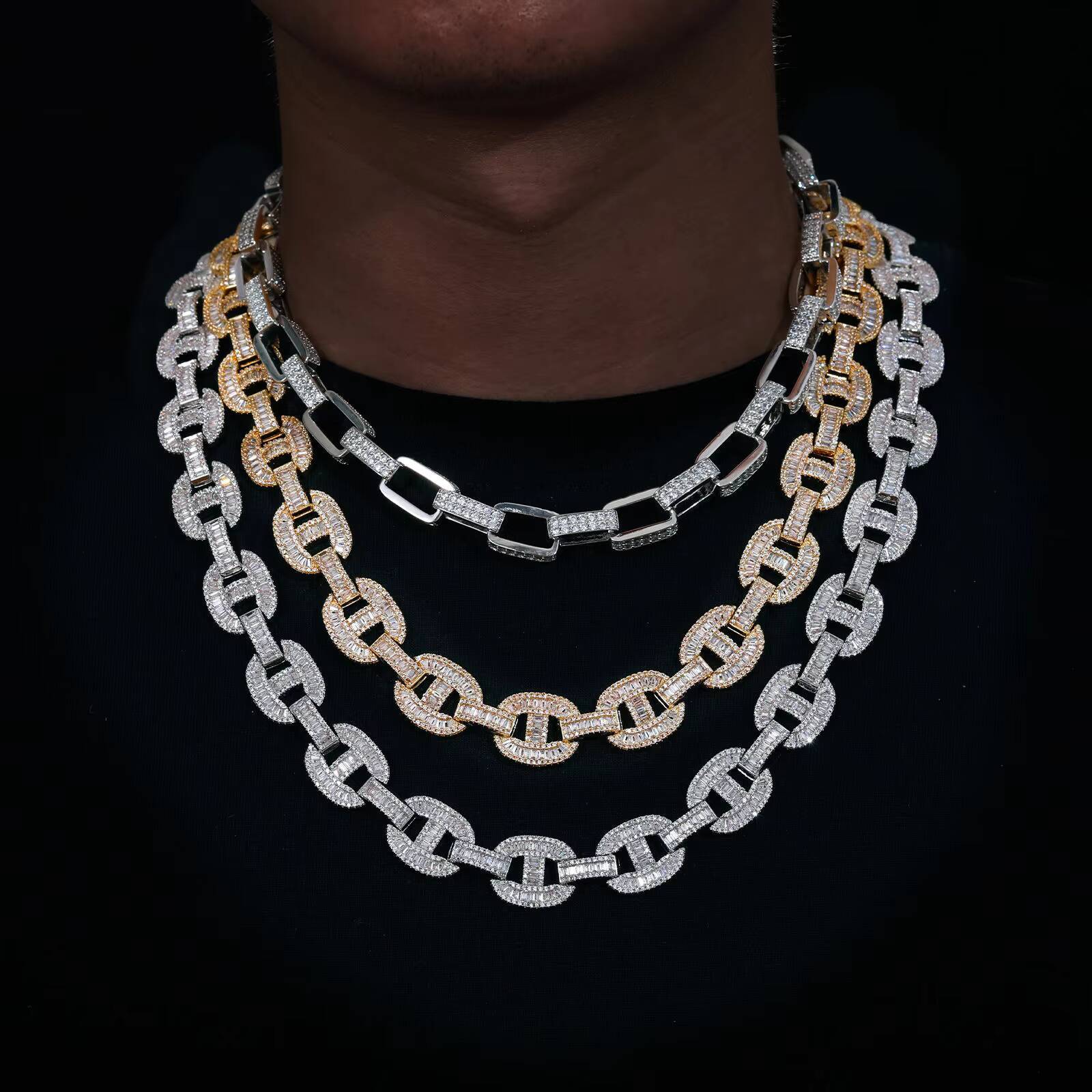 High Quality 16mm Baguette Hip Hop Link Chain 925 Sterling Silver Necklace Iced Out Cuban Necklace Men VVS Mossanite Necklace