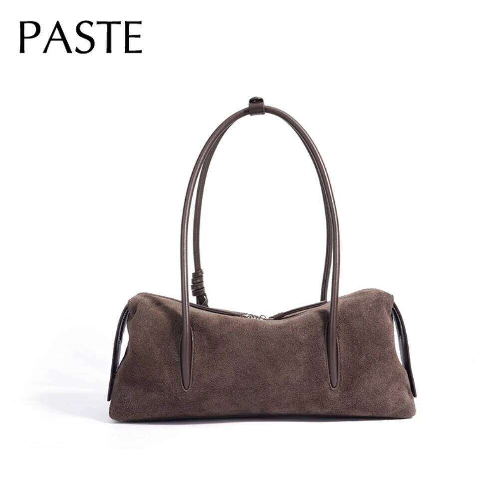 2026 Winter New Collection Tassel Design Lazy Bowling Tote Cherry Red Coffee Suede Cow Leather Women Armpit Shoulder Bag