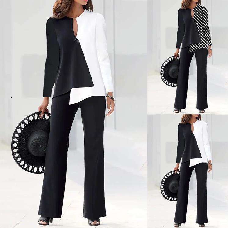 Spring And Autumn Fashionable Commuter Color Block Sleeve Long Pants Two-Piece Set Women's Clothing B5