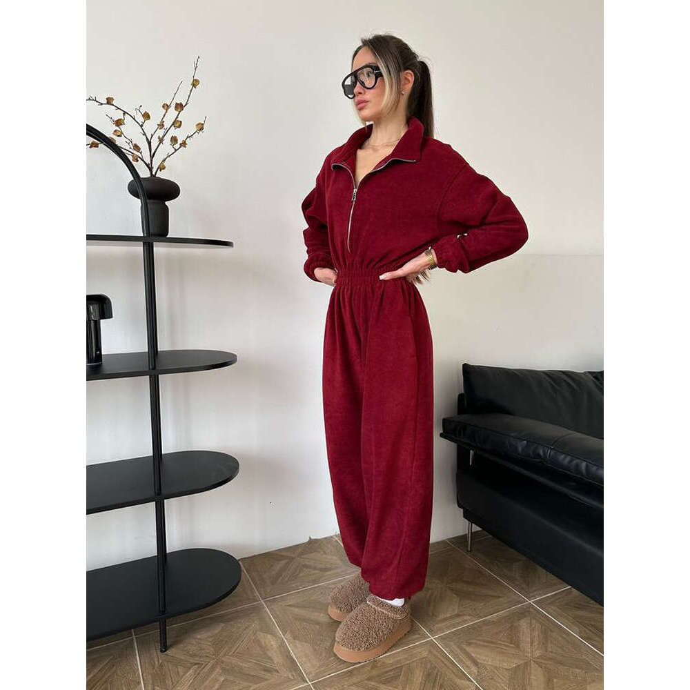 Spring And Autumn Women's New Fashion Long Sleeve Casual Half-Zip Elastic Waist Jumpsuit Set B5