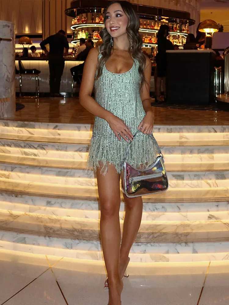 Sexy Sequin Tassel Mini Dress Women Sleeveless O-neck Feather Fe Party Dresses 2025 Summer New Vacation Beach Lady Gown XJ250722