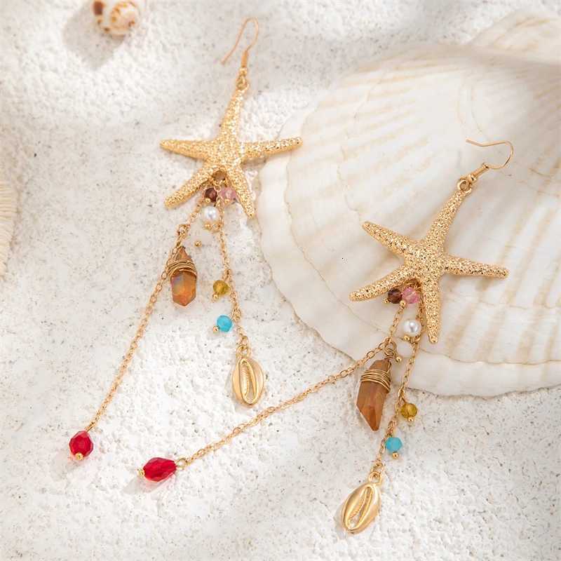 Boho Starfish Scalp Shell Long Tassel Earrings For Women Shiny Crystal Jellyfish Dangle Earring Beach Vacation Party Jewelry XJ250722