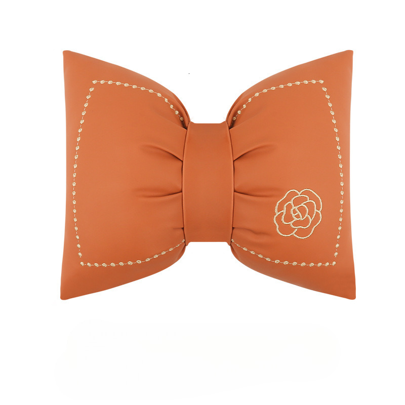 Leather Bow Embroidered Headrest Lumbar Support Set Car Neck Protection Waist Pillow Cushion