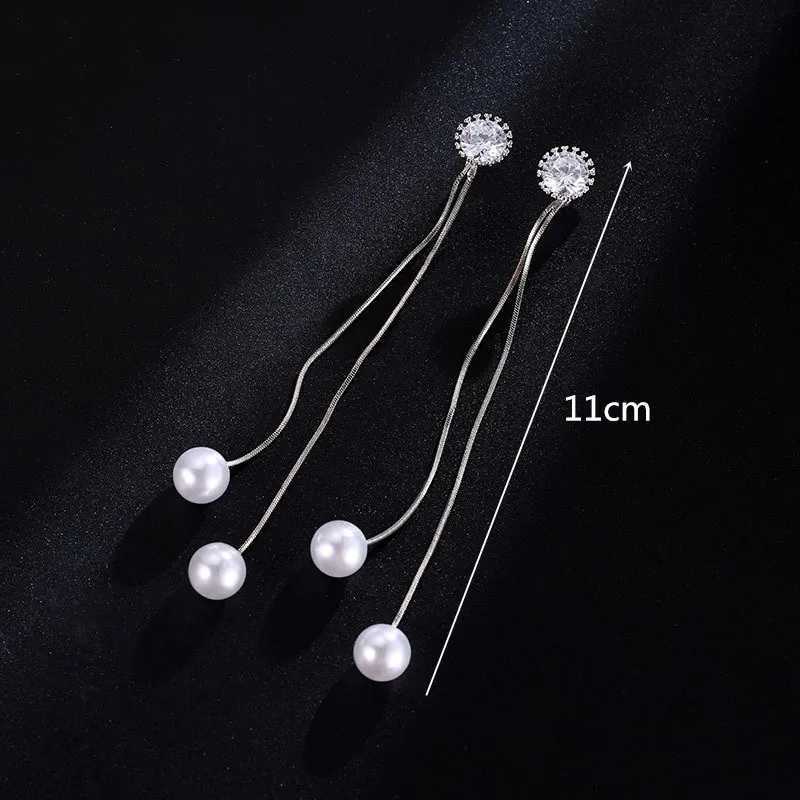 Elegant Fringe Earrings Women Long Earring CZ Pearl Charm Pendant Snake Chain Tassel Ear Bridal Wedding JewelryXJ250722