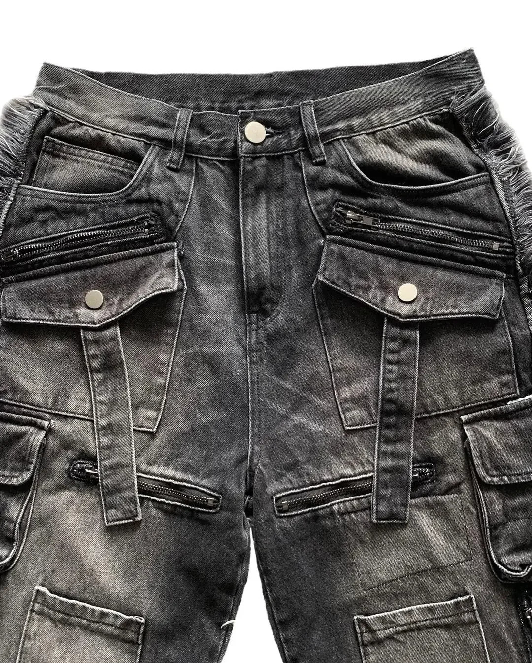 Y2K Harajuku Gothic Multi-pocket Washed Black Jeans Mens Autumn Loose Hip-hop Trousers Street Rap 90s Wide-leg Pants 250714