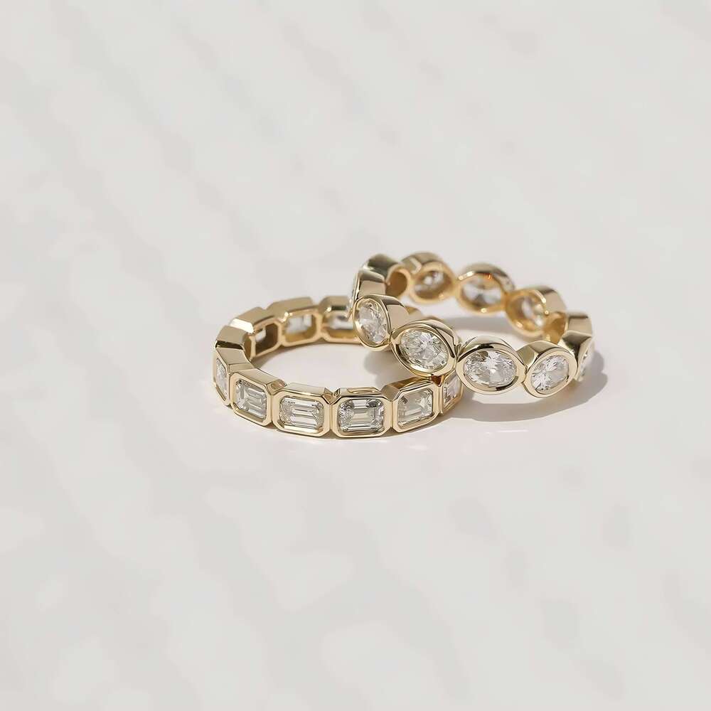 Igi Certified Lab Grown Emerald Oval Cut Bezel Eternity Band Rings 14k Pure Gold Synthetic Dia Ring
