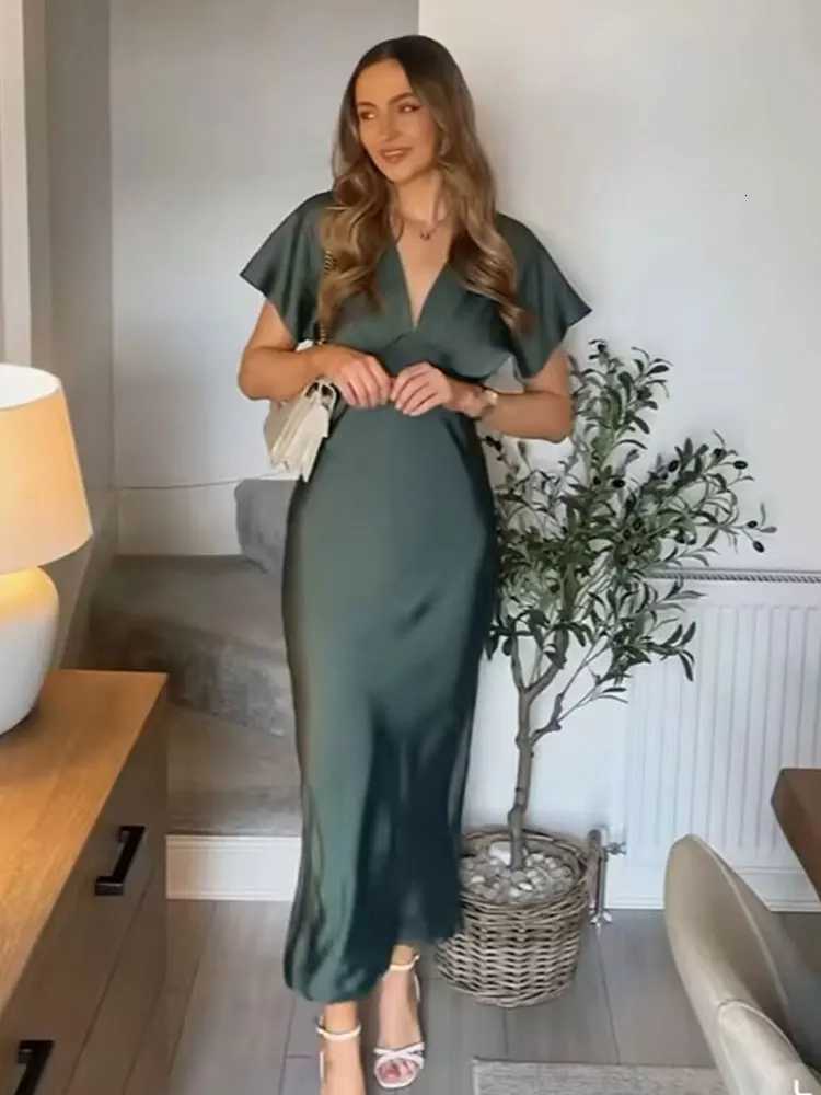 TRZA Women Ele Solid Satin Dress Sexy V Neck Short Sleeve Midi Dress 2025 New Fashion Summer Lady Holidays Party Dress XJ250722