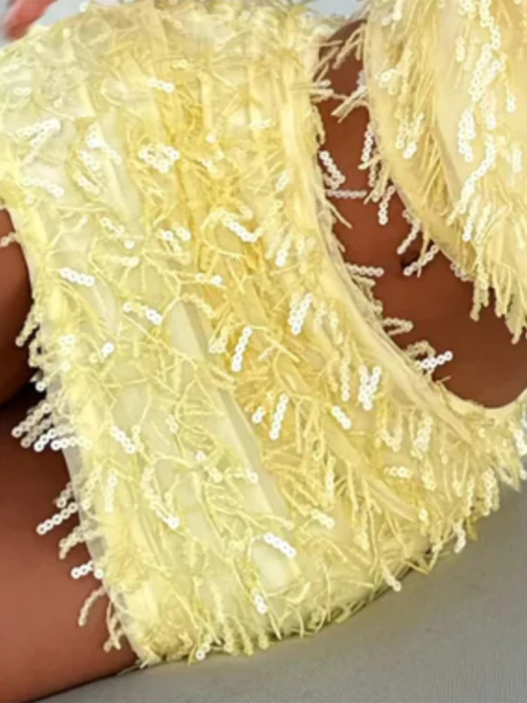 Yellow Sequin Tassels Mini Skirt Sets For Women Backless Sleeveless Halter Vest Tops Hip Package Mini Skirts 2 Pieces Lady Suits 250714